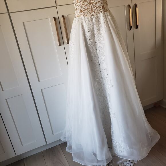 Couture Wedding Dress EU 40 A Line Tulle Lace Illusion Bodice Rhinestone Bridal - Picture 7 of 15